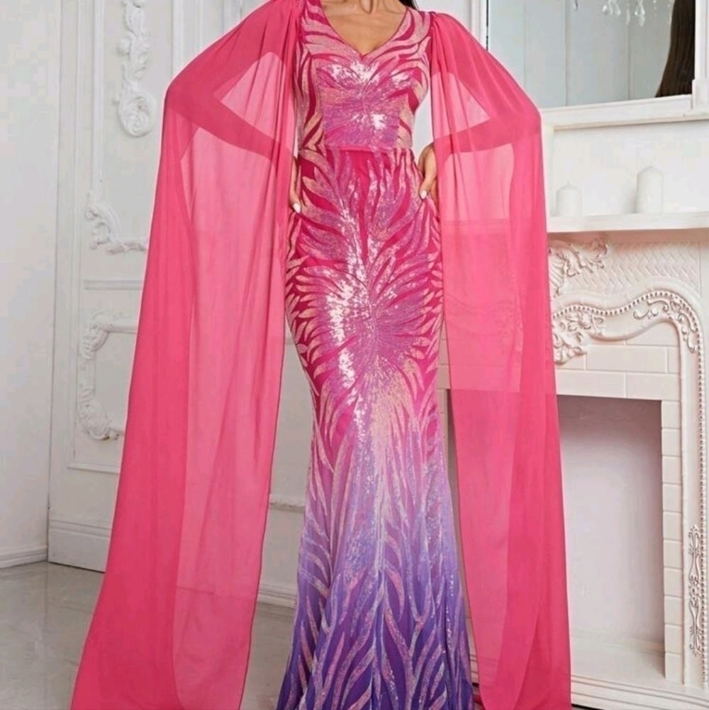 Multicolor Random Print,  Cloak, Sequined, Mesh Mermaid Maxi gown - Picture 2 of 10